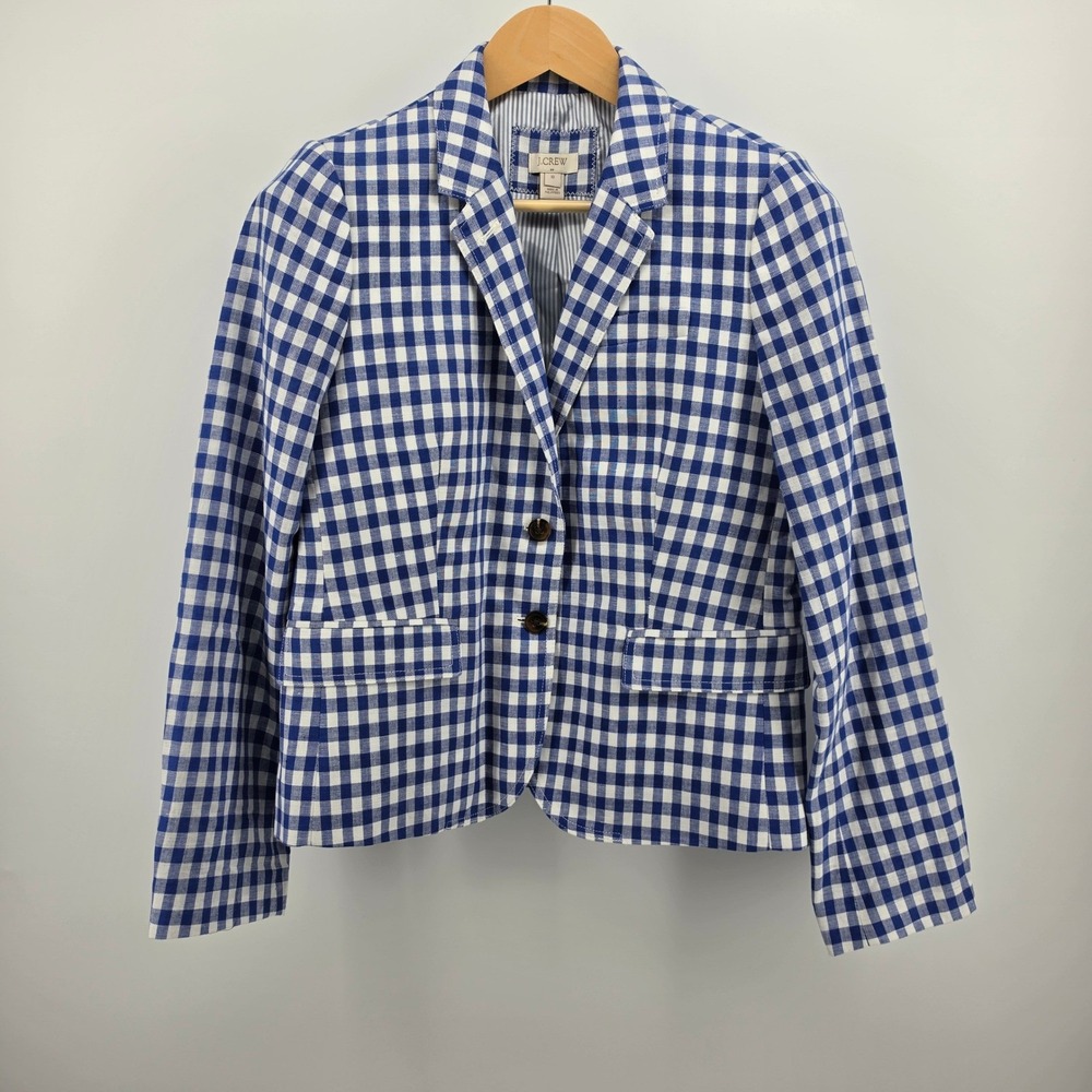J.Crew Regent Women's Blazer Blue White Gingham Linen Cotton Jacket Size 10